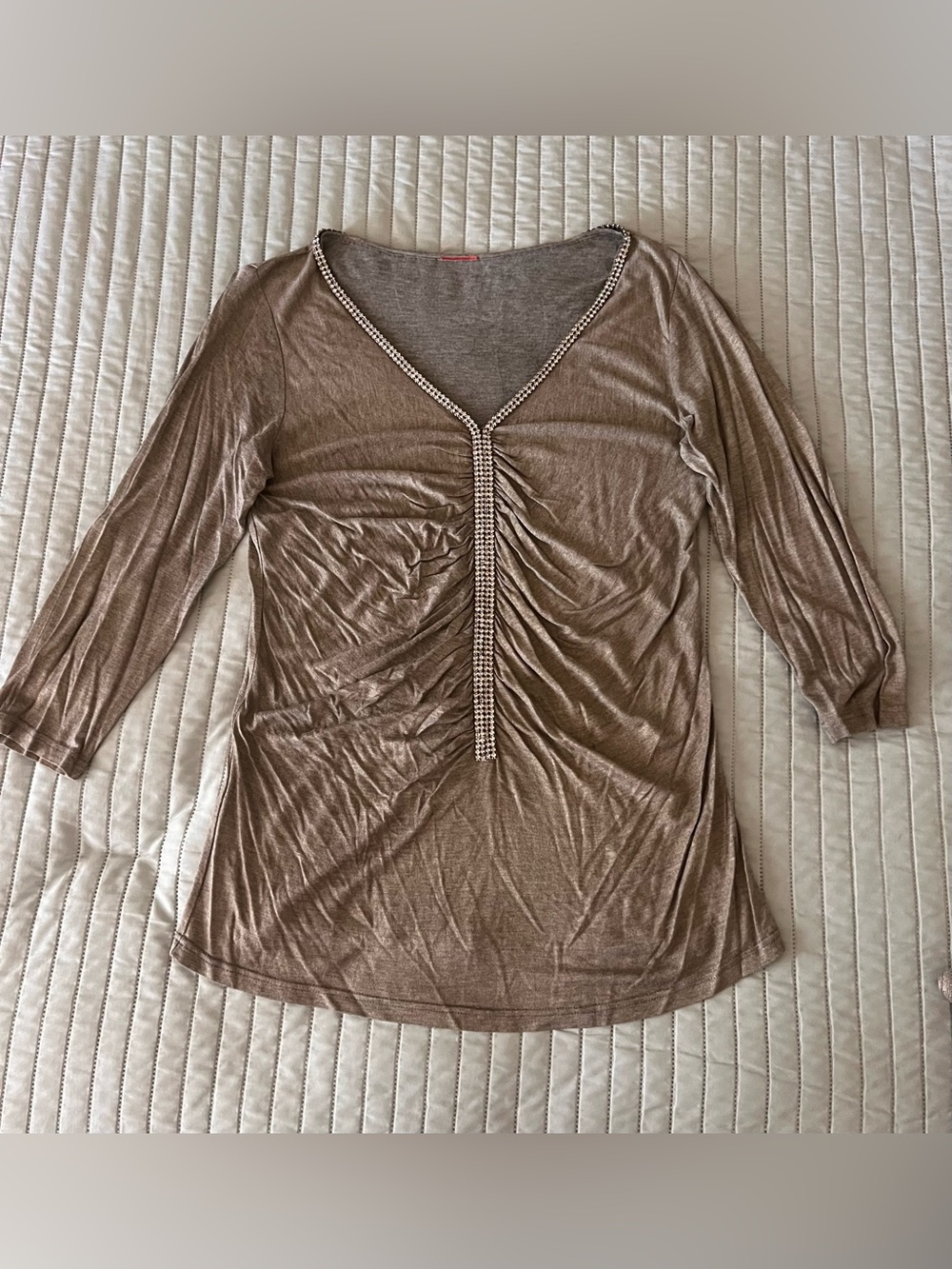 Ruched V-Neck Tunic with Jeweled Trim - Taupe